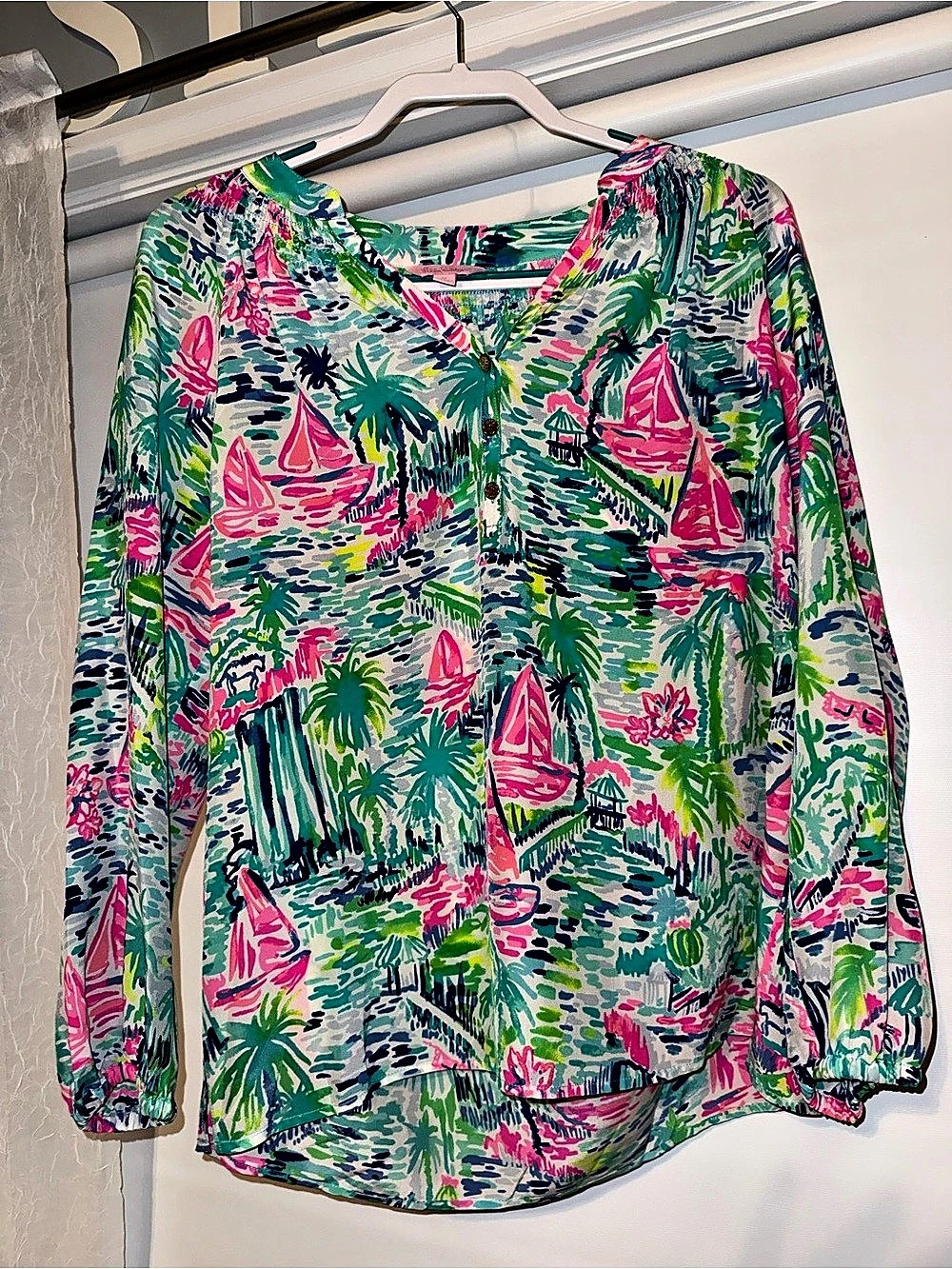 Lilly Pulitzer Elsa Silk Top Floral Blouse Green & Pink Medium